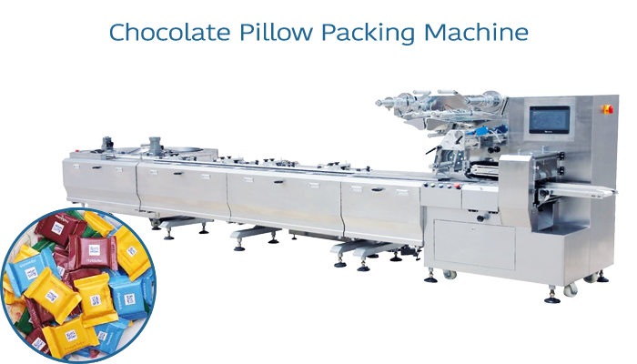 This machine is twist packaging for cone, rectangle and roundness chocolate. film delivery structure use servo motor device, also can match the color code positioning. By the delivery conveyor, chocolate could be delivered to the packing machine. The packing speed is based on the product quantity controlled by the auto system. The feeding system could be both automatic and manual.
