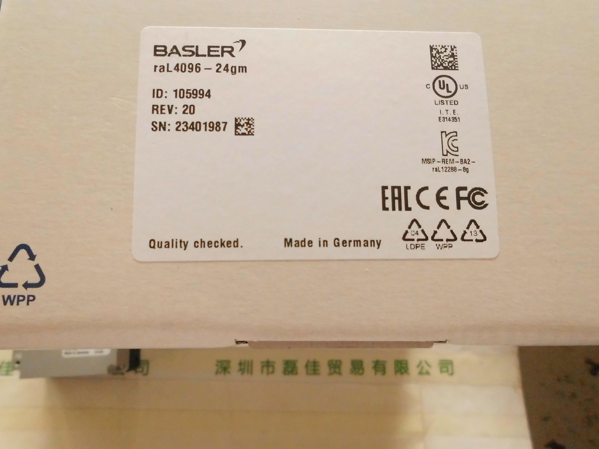 巴斯勒BASLER   raL4096-24gm   相机