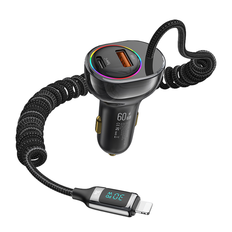 C37 60W A+C Digital Display Fast Car Charger with PD30W Lightning Spring
