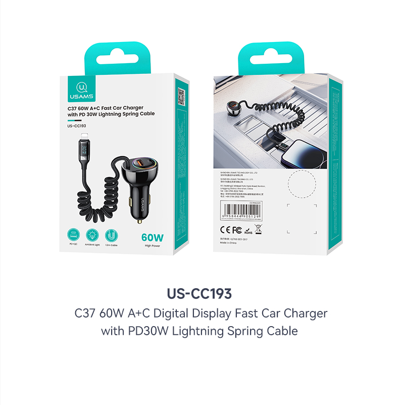 C37 60W A+C Digital Display Fast Car Charger With PD30W Lightning ...