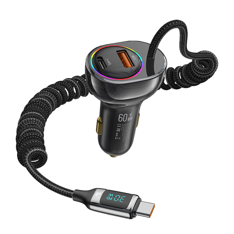 C37 60W A+C Digital Display Fast Car Charger with PD30W Type-C Spring Cable