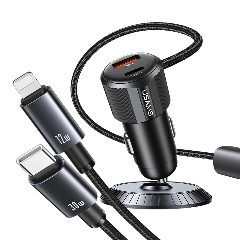 66W A+C Dual-port Fast Car Charger With C+L 2in1 Cable - YT Series