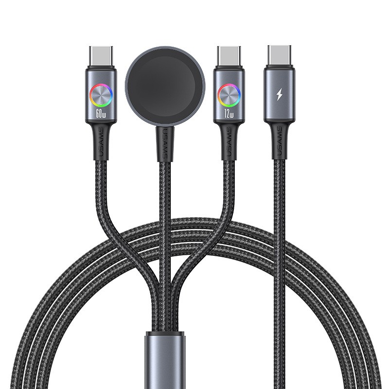 SJ754 72W Aluminum Alloy Data Cable With Colorful Light Type-C To Type-C + Type-C + Watch Wireless Charger - Huan Series