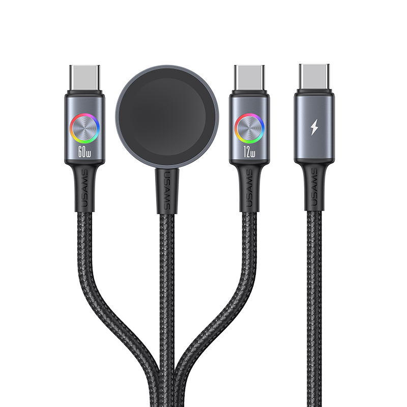 SJ754 72W Aluminum Alloy Data Cable With Colorful Light Type-C To Type-C + Type-C + Watch Wireless Charger - Huan Series