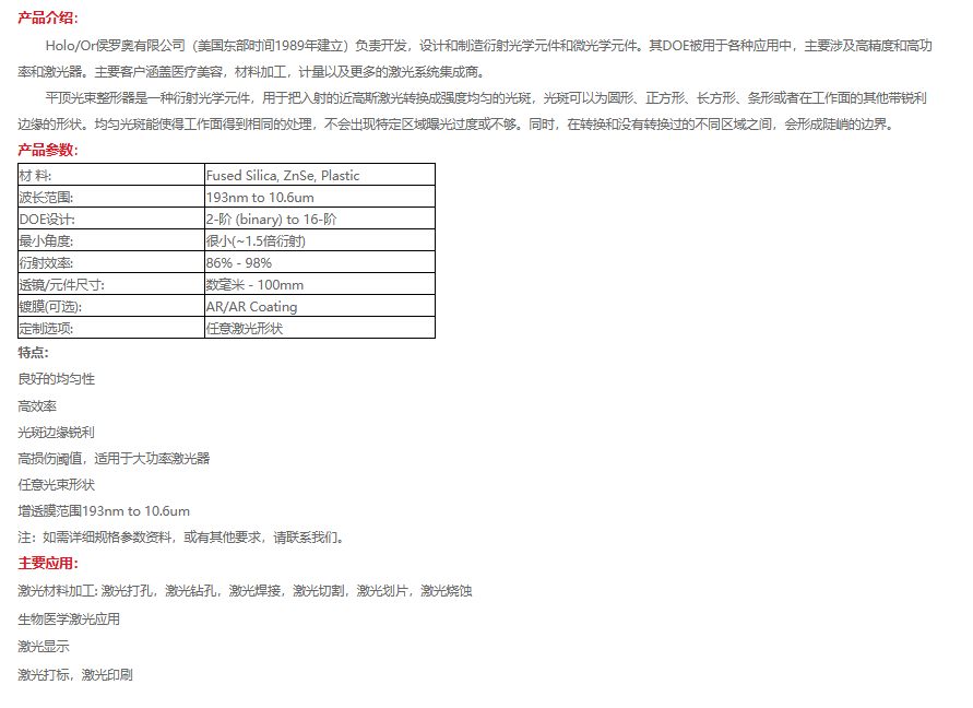 Holoor 平顶光束整形元件