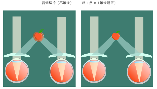 超主点®-α 等像矫正镜片
矫正原理:超主点采用优良的配曲设计,根据患者眼部光学参数调整镜片的主点位置,实现等像矫正屈光参差,改善双眼视功能。