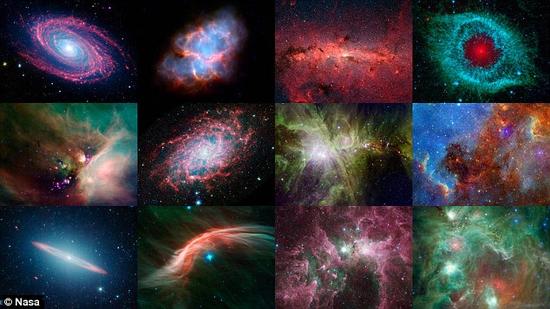 今年早些时候，NASA公布了这些由斯皮策望远镜拍摄的美丽图片，以庆祝斯皮策望远镜的12岁生日。