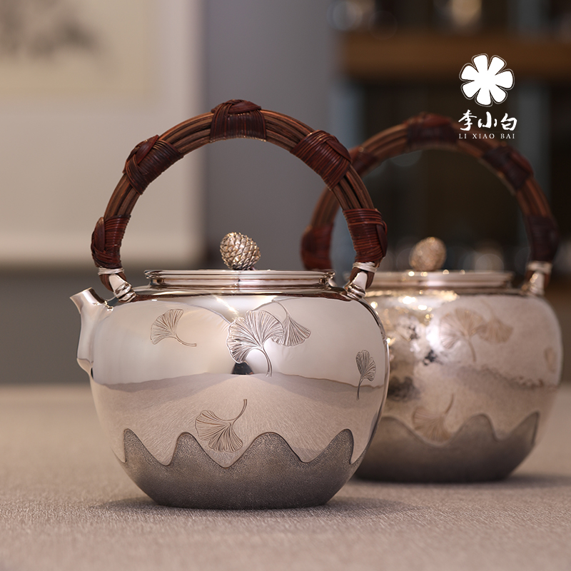 中国古玩 天目釉小壺 11cm9cm【桐箱付】 李小白纯银银壶-银杏藤把- 李小白银壶工作室
