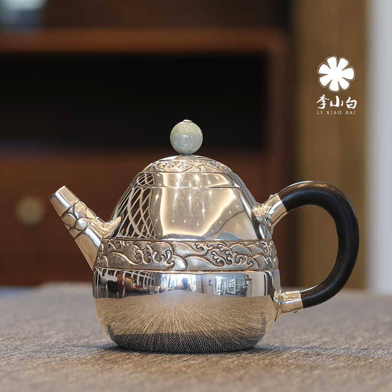 李小白纯银泡茶壶-水波纹龙蛋泡壶