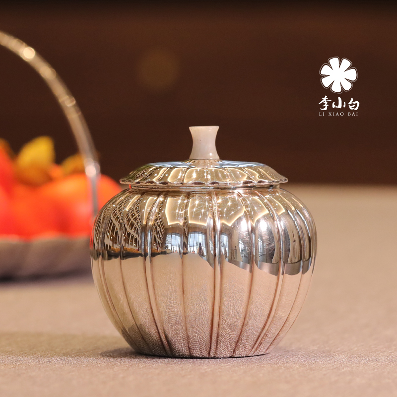李小白纯银茶道配件-纯银菊瓣茶叶罐