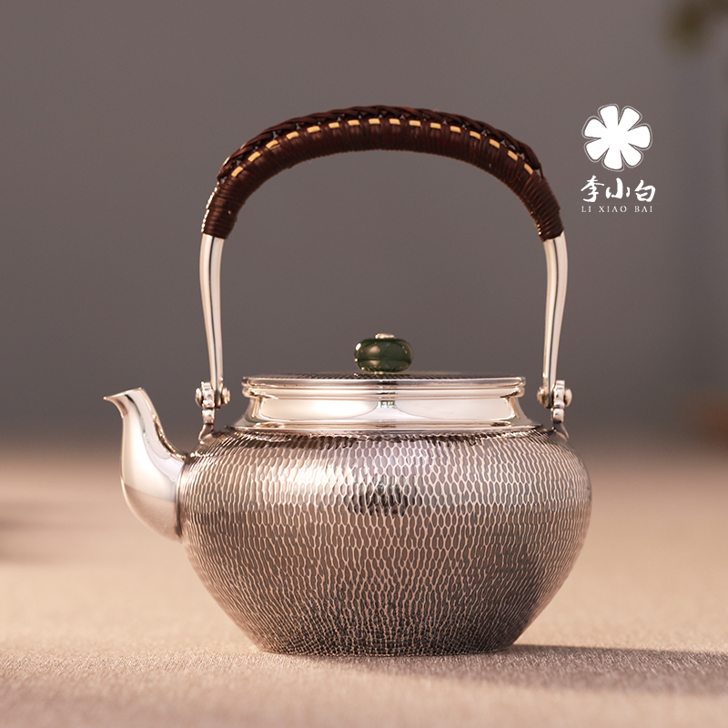 李小白纯银泡茶壶-竖纹提梁泡壶