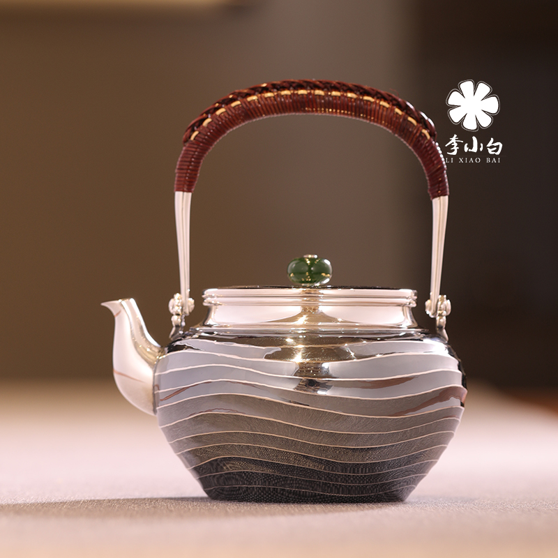 李小白纯银泡茶壶-水波纹提梁泡壶