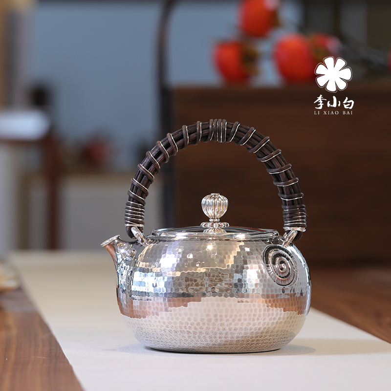 李小白纯银泡茶壶-螺纹提梁泡壶