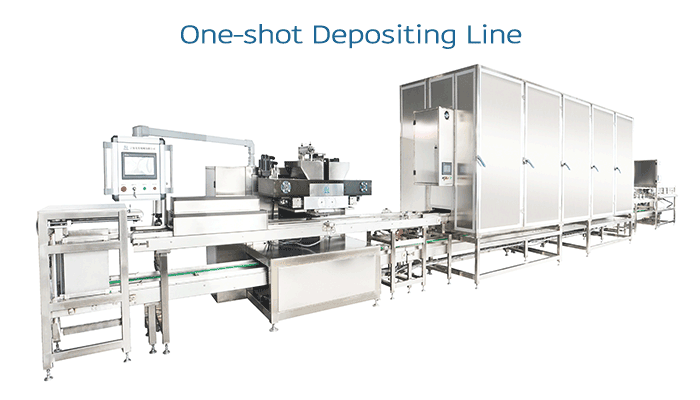  
This Chocolate depositing line is a high tech full automatic chocolate machine for chocolate molding. The production process include mould heating, chocolate depositing, mould vibrating, mould conveying, cooling and demolding.  