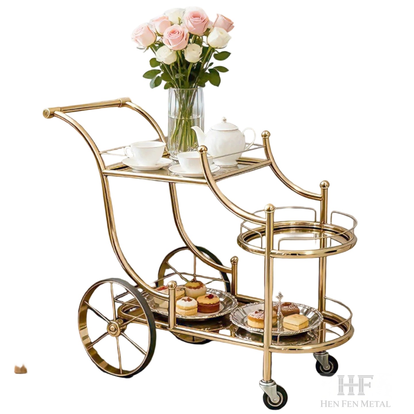 European Retro Style Gold Bar Cart, Stainless Steel Rolling Serving Trolley for Living Room, Party & Restaurant