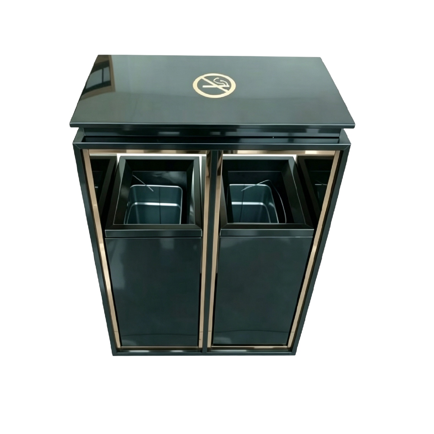Dual Compartment Black Gold Floor Standing Waste Bin with No-Smoking Logo Top Black Gold Double Compartment Lobby Trash Can