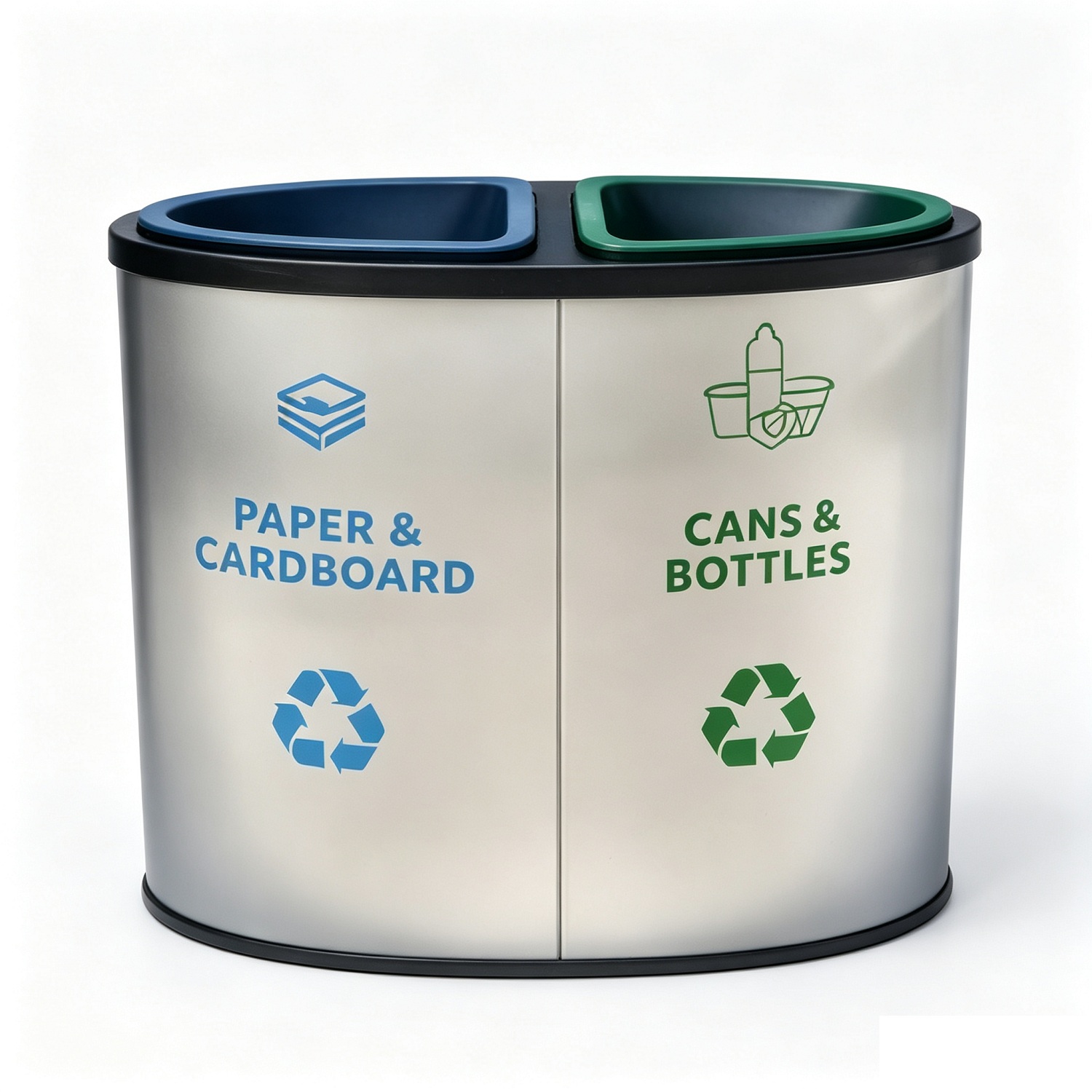 Commercial 2-Stream Curved Recycling Bin | Fingerprint Resistant Stainless Waste Sorting Station for Hotel, Office & Mall