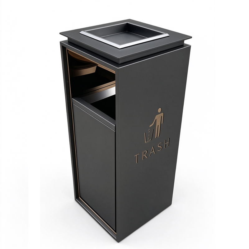 Commercial Stainless Steel Trash Can with Pull-Out Inner Bucket, Heavy Duty Waste Bin Manufacturer, Matte Black Recycle Bin with Ashtray Top, for Hotel Lobby, Mall, Hospital, Office Public Areas